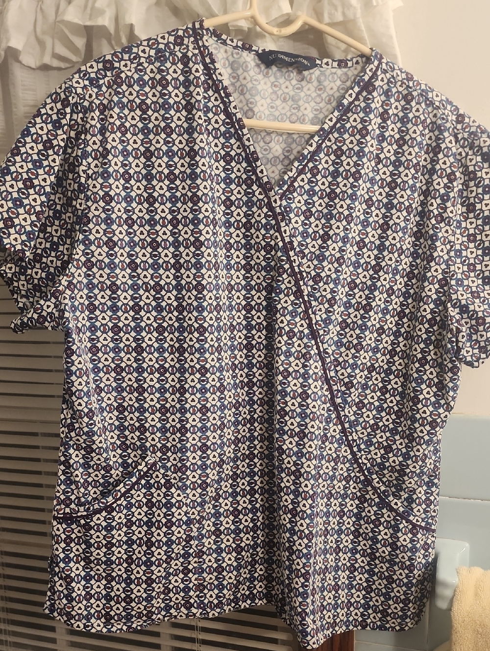 One World Navy & White Geometric Scrub Top